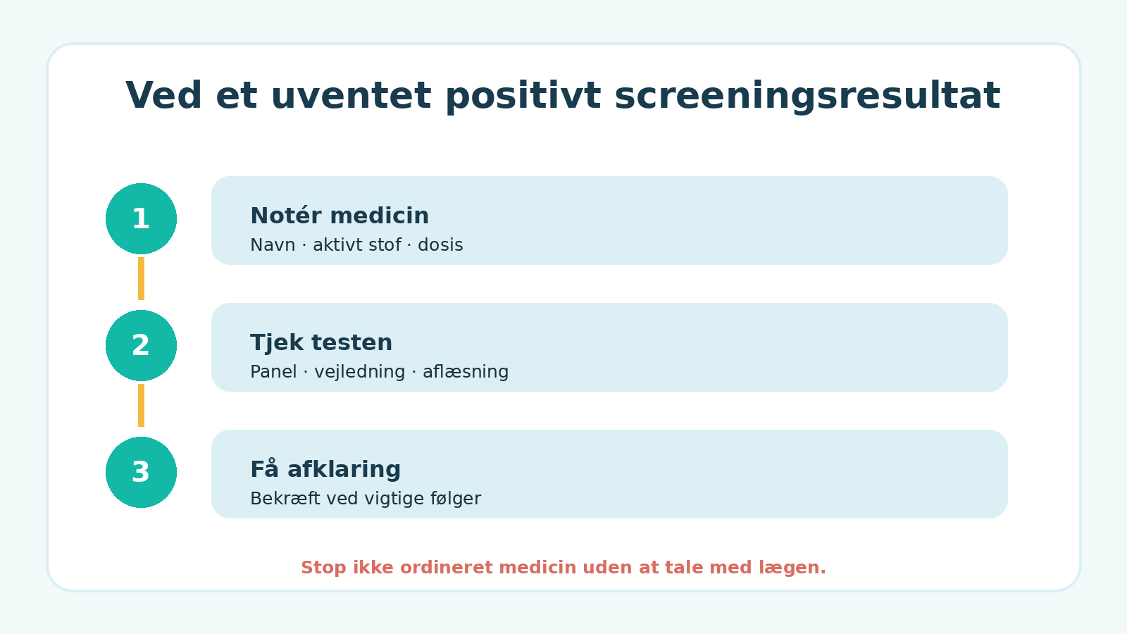 Næste skridt ved uventet positiv narkotest: notér medicin, kontrollér testen og få afklaring.